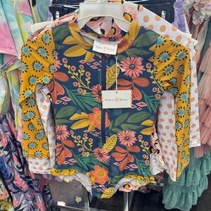 Oopsy Daisy Girls' Floral Long-Sleeve Rash Guard Swimsuit - Navy & Mustard